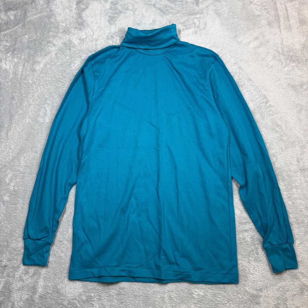 Vintage Lands End Turtleneck Mens L Blue Long Sleeve Cotton USA Made 90s